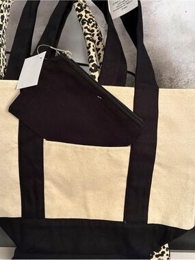Canvas Tote Bag with Black Trim and Leopard-Print Handles
